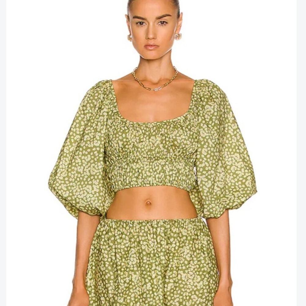 Matteau Floral Crop Top Size 5 US 10 Green Organic Cotton Puff Sleeve Boho